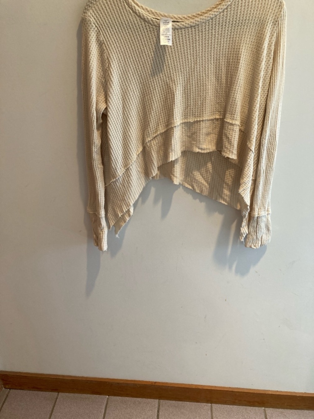 Vocal Beige Waffle Knit Cropped Long Sleeve Top